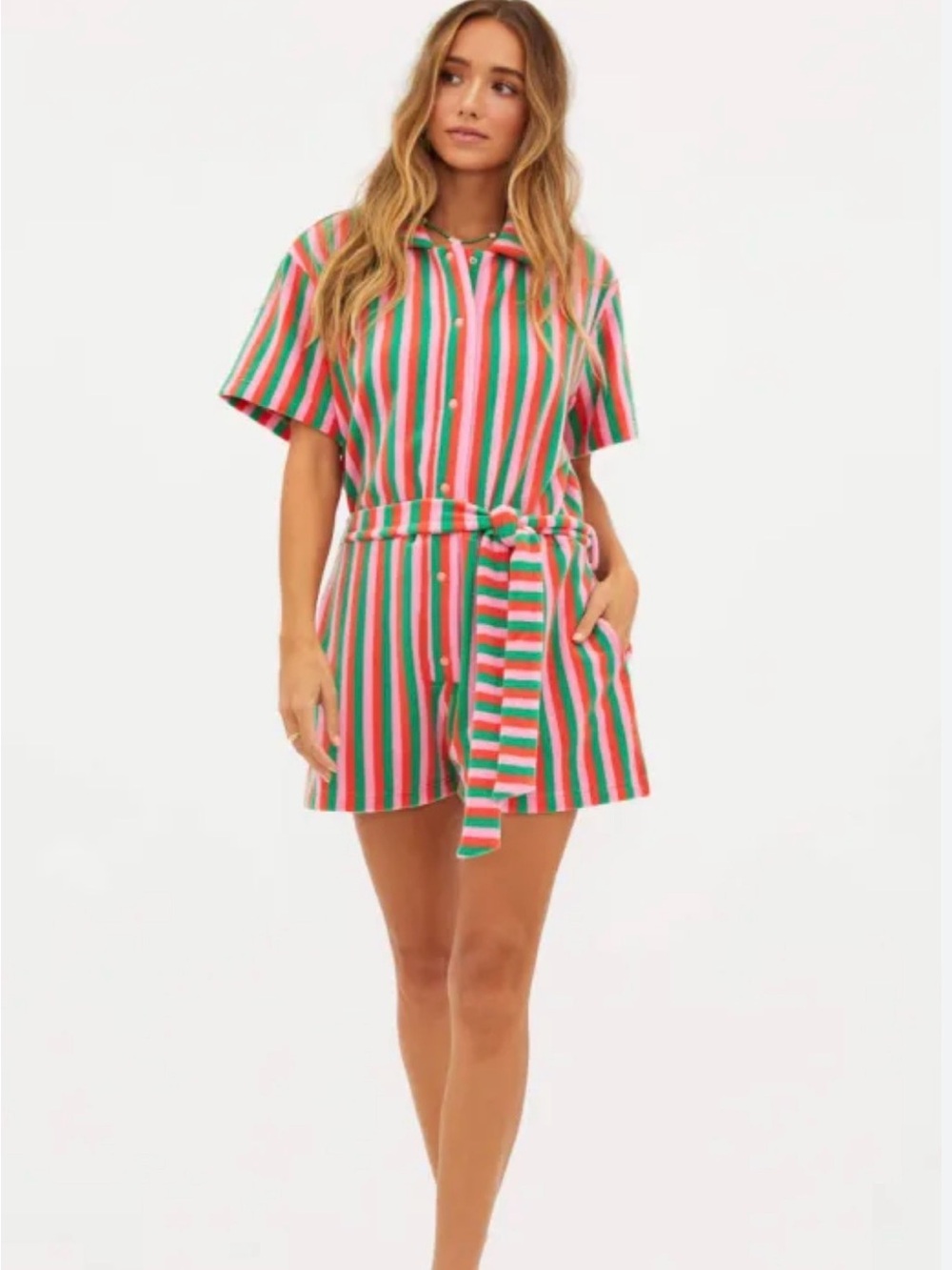 Beach Riot Gia Palm Stripe Terry Cloth Pink, Green & Orange Striped Terry Polo